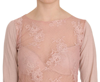 Pink Lace See Through Long Sleeve Top Blouse