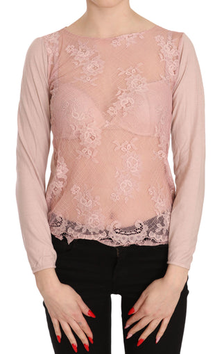 Blusa de manga larga transparente de encaje rosa