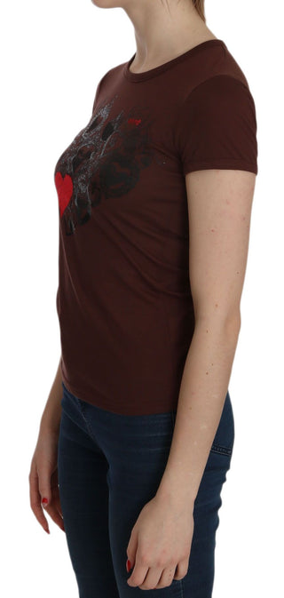 Braunes T-Shirt mit Herzmuster, Rundhalsausschnitt und kurzen Ärmeln