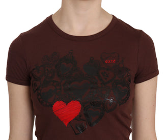 Braunes T-Shirt mit Herzmuster, Rundhalsausschnitt und kurzen Ärmeln