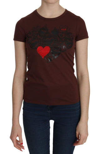 Braunes T-Shirt mit Herzmuster, Rundhalsausschnitt und kurzen Ärmeln