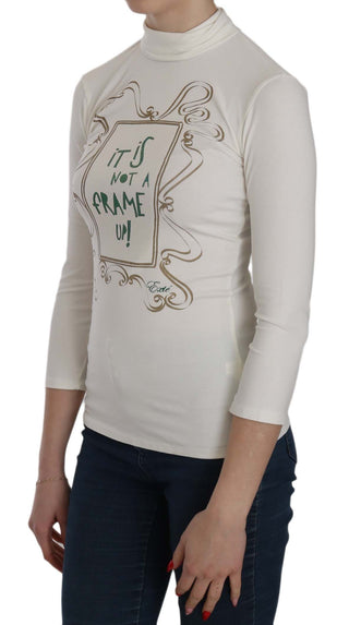 White Printed Turtle Neck 3/4 Sleeve Top Cotton Blouse