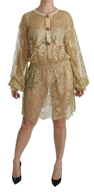 Goldene Spitze durchsichtig A-Linie knielanges Kleid