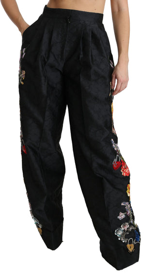 Pantalones Beaded de Lentejuelas Florales de Brocado Negro