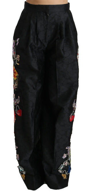 Pantalones Beaded de Lentejuelas Florales de Brocado Negro