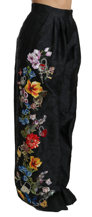 Pantalones Beaded de Lentejuelas Florales de Brocado Negro