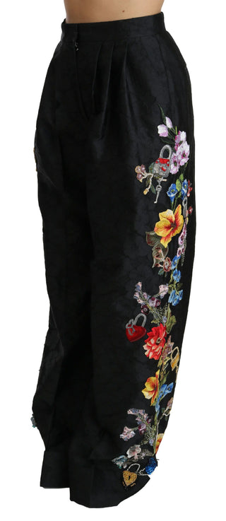 Pantalones Beaded de Lentejuelas Florales de Brocado Negro