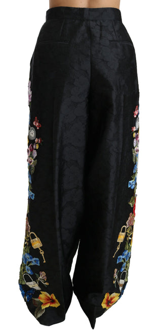 Pantalones Beaded de Lentejuelas Florales de Brocado Negro