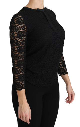 Schwarze Langarmbluse aus Nylon mit Spitze