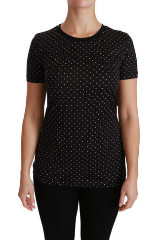 Schwarz Gepunktetes Rundhals Baumwoll-Top T-Shirt