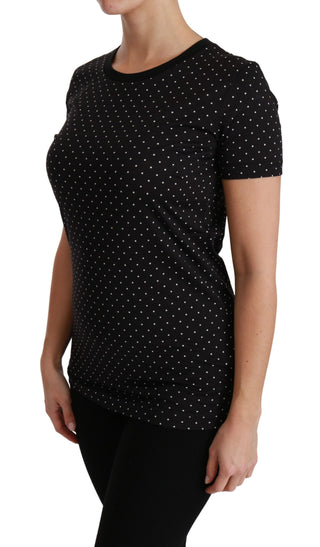 Schwarz Gepunktetes Rundhals Baumwoll-Top T-Shirt
