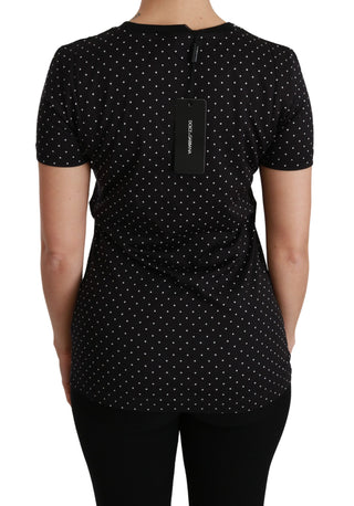 Schwarz Gepunktetes Rundhals Baumwoll-Top T-Shirt