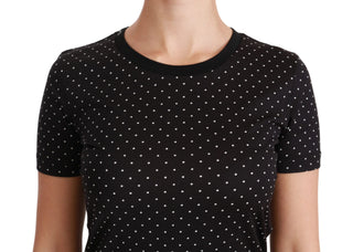 Schwarz Gepunktetes Rundhals Baumwoll-Top T-Shirt