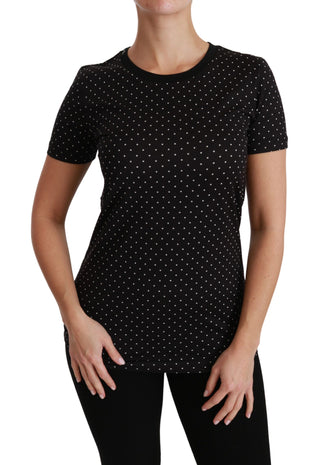 Schwarz Gepunktetes Rundhals Baumwoll-Top T-Shirt