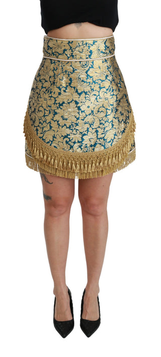 Blauer Jacquard-High-Waist-Rock mit goldenen Quasten