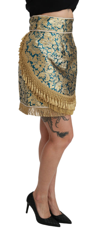 Blauer Jacquard-High-Waist-Rock mit goldenen Quasten
