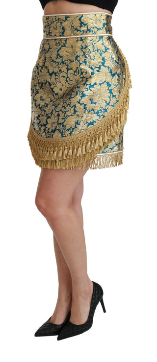 Blauer Jacquard-High-Waist-Rock mit goldenen Quasten