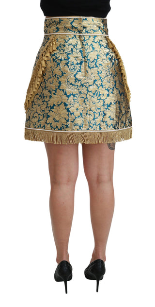 Blauer Jacquard-High-Waist-Rock mit goldenen Quasten