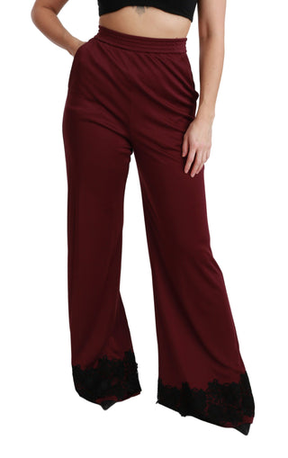 Schwarze Spitzenhose mit hoher Taille, weitem Bein und Weinrot
