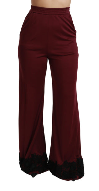 Schwarze Spitzenhose mit hoher Taille, weitem Bein und Weinrot
