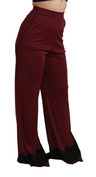 Schwarze Spitzenhose mit hoher Taille, weitem Bein und Weinrot