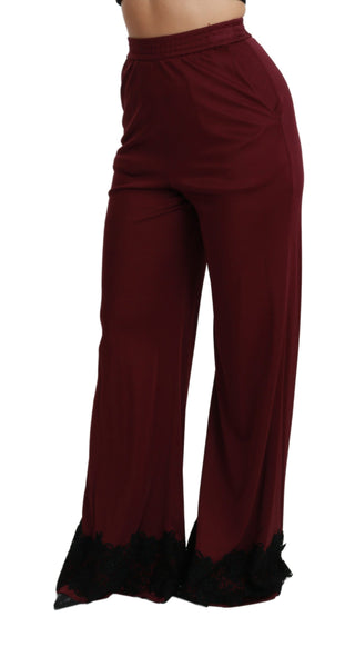 Schwarze Spitzenhose mit hoher Taille, weitem Bein und Weinrot