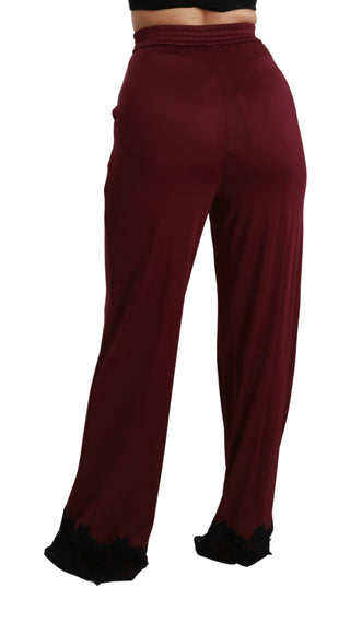 Schwarze Spitzenhose mit hoher Taille, weitem Bein und Weinrot