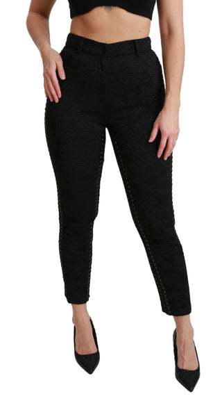Schwarze Brokat-Röhrenhose mit hoher Taille