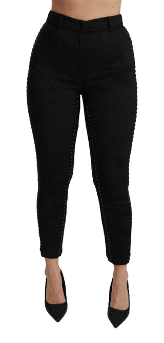 Schwarze Brokat-Röhrenhose mit hoher Taille