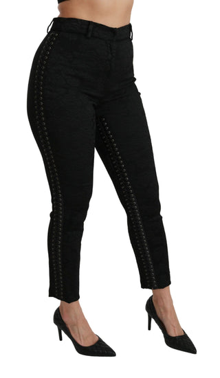 Schwarze Brokat-Röhrenhose mit hoher Taille