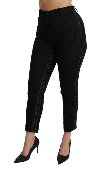 Schwarze Brokat-Röhrenhose mit hoher Taille