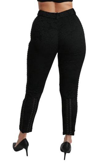 Schwarze Brokat-Röhrenhose mit hoher Taille