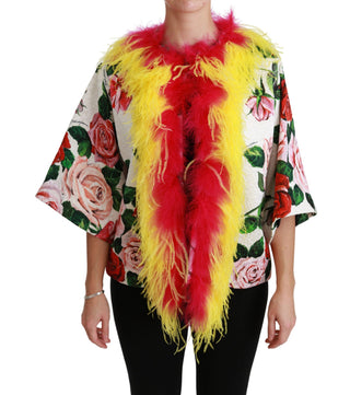 Weiße Blumen-Mantel-Cape Kunstpelz Rosen Jacke