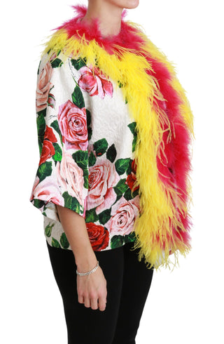 Weiße Blumen-Mantel-Cape Kunstpelz Rosen Jacke