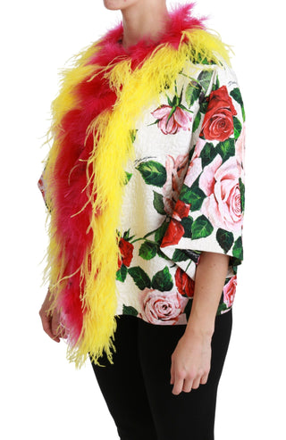 Weiße Blumen-Mantel-Cape Kunstpelz Rosen Jacke