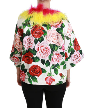 Weiße Blumen-Mantel-Cape Kunstpelz Rosen Jacke