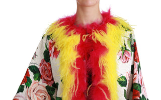 Weiße Blumen-Mantel-Cape Kunstpelz Rosen Jacke