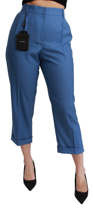 Blaue plissierte Wollhose mit Aufschlag und verkürztem Bein