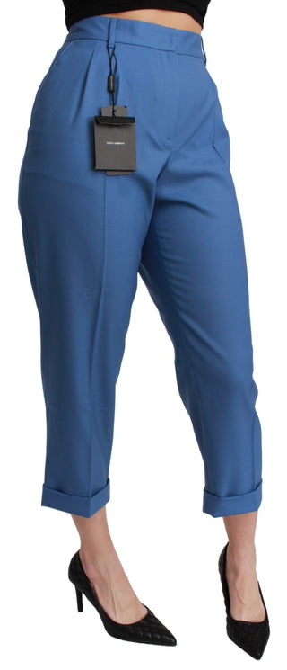 Blaue plissierte Wollhose mit Aufschlag und verkürztem Bein
