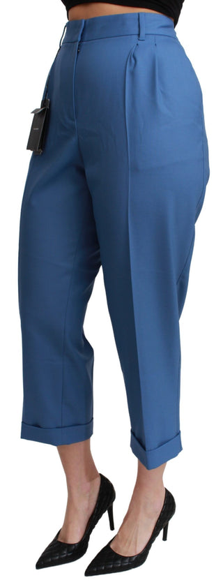Blaue plissierte Wollhose mit Aufschlag und verkürztem Bein