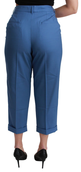 Blaue plissierte Wollhose mit Aufschlag und verkürztem Bein