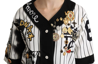 Weiß-schwarze Bluse Baumwolle Kristallanhänger Amore Shirt
