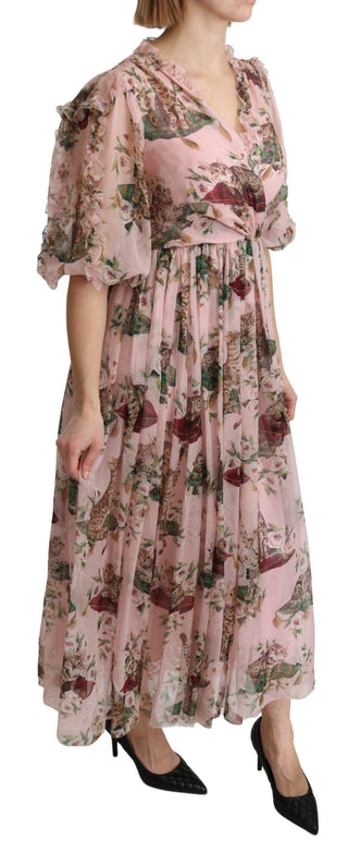Pink Bengal Katze Druck A-Linie Maxi Seidenkleid