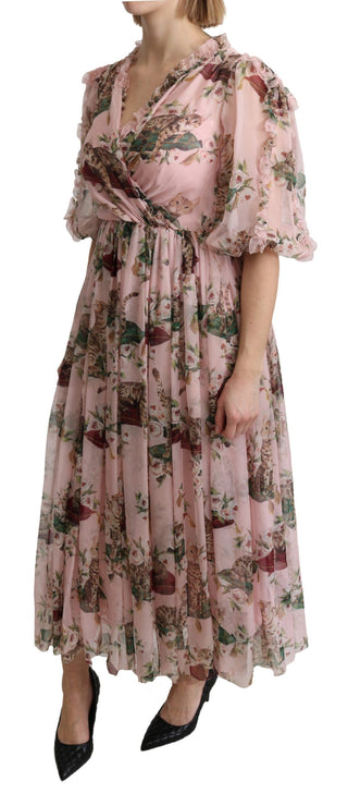 Pink Bengal Katze Druck A-Linie Maxi Seidenkleid