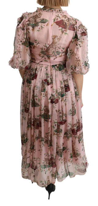 Pink Bengal Katze Druck A-Linie Maxi Seidenkleid