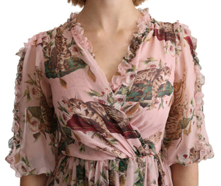 Pink Bengal Katze Druck A-Linie Maxi Seidenkleid