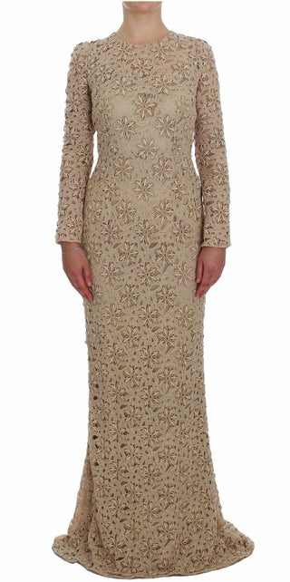 Beiges, florales, enganliegendes Maxikleid aus Spitze