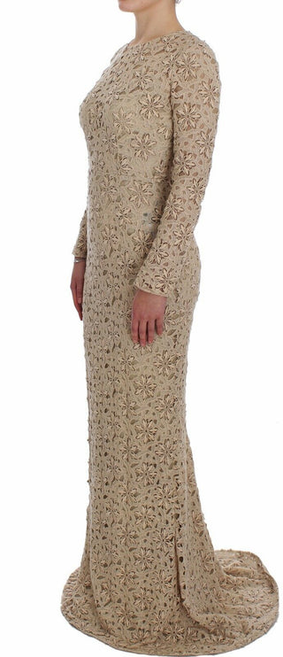 Beiges, florales, enganliegendes Maxikleid aus Spitze