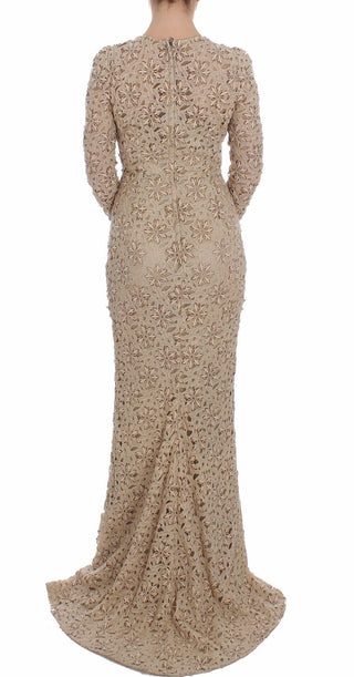 Beiges, florales, enganliegendes Maxikleid aus Spitze