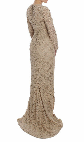 Beiges, florales, enganliegendes Maxikleid aus Spitze